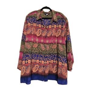 Vintage Paisley Wearable Art Blouse Womens 3x Hippie Boho Multicolor Button Up